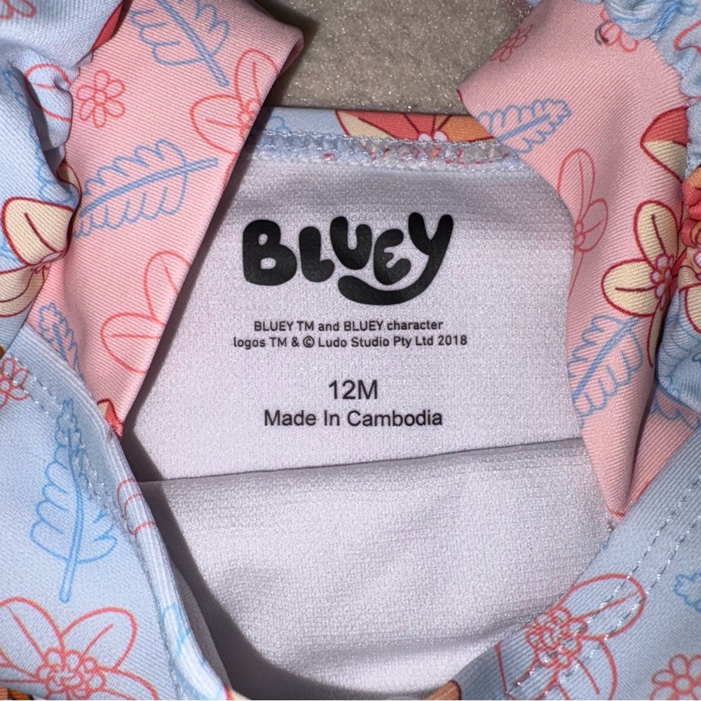 Bluey Blue and Pink Floral One-Piece Swimsuit Baby Girl 12M - Picture 5 of 10